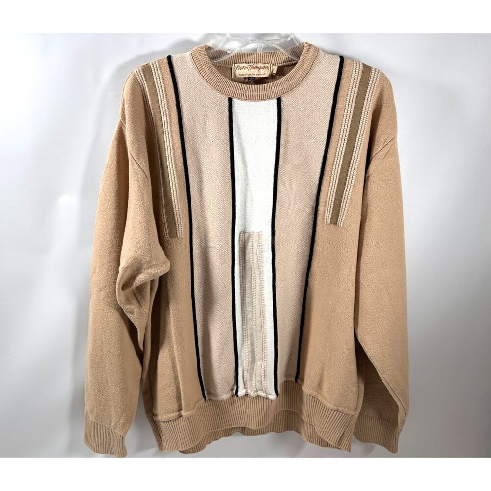 Vintage Norm‎ Thompson Mens Sweater Beige & White Striped Canada Size L READ